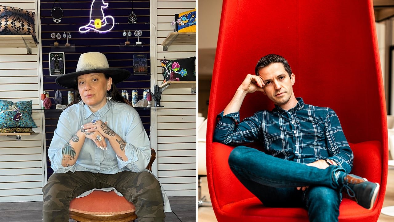 default-359 A composite image featuring a woman in camo pants and a denim shirt under a neon witch hat, accompanied by a man in jeans and a button-down shirt seated on a red chair.