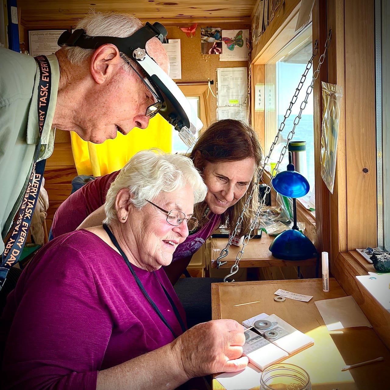 A man wearing a magnifying headset leans over a seated woman carefully handling a butterfly on a wooden table while another woman looks on smiling, inside a wood panelled room with a window overlooking water.